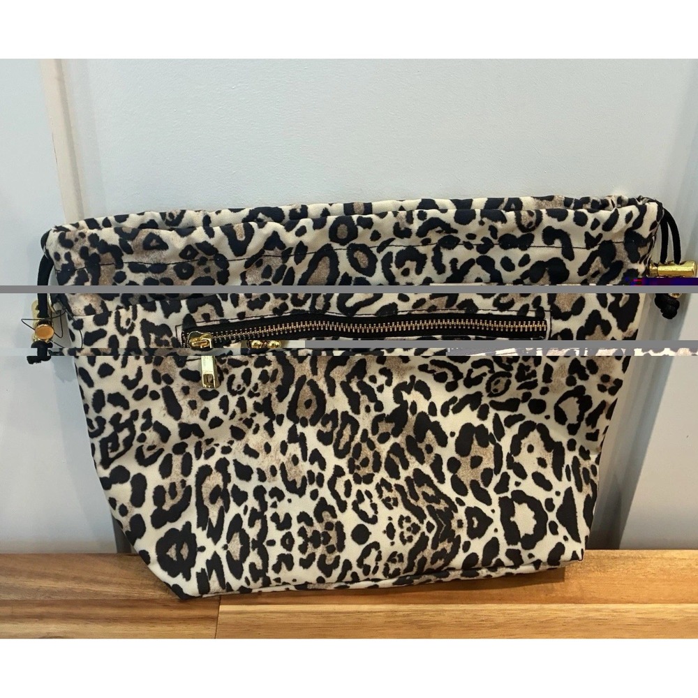 Chico's Leopard Print Travel Cosmetic Makeup Organizer Drawstring Zip Bag Tote
